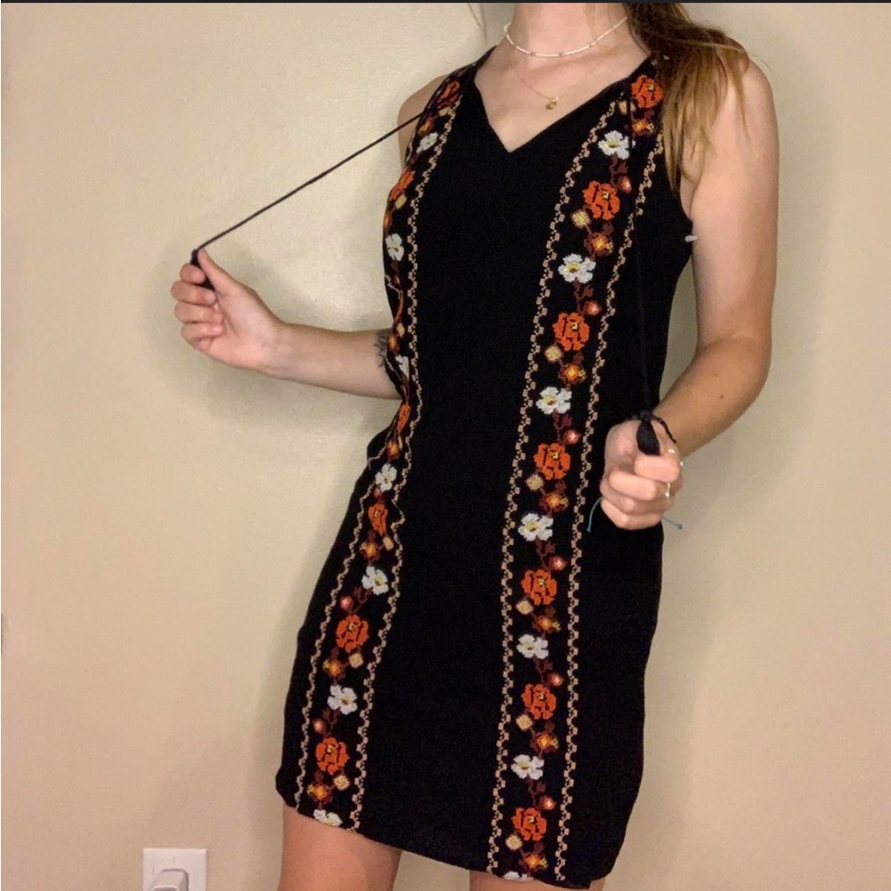 Black Embroidered Floral Midi Dress Boho Mediterranean Vacation Style Resortwear